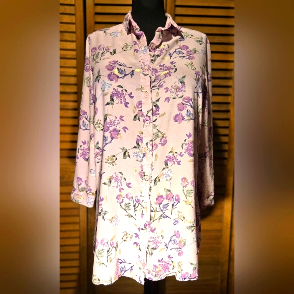 A JULIA, Pink & Purple Floral Print With Gold Feathers Accents,Button-Up Dress